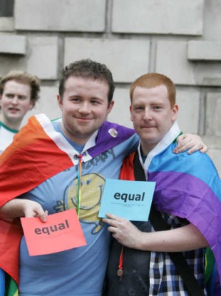 James Boyle and Sean Maher take part in the 'march for marriage' to the Department of Justice in Dublin in 2010. The protest criticised the Civil Partnership Bill, saying it makes people into second class citizens.