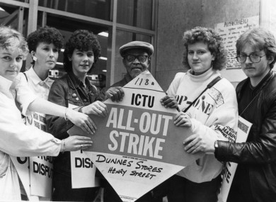 Four Dunnes workers - Sandra Griffen, Alma Bonnie, Karen Gearon and Mary Manning - with two anti-apartheid activists in May 1985.